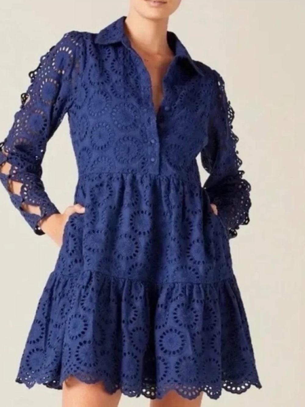 Figue Isabella Navy Blue Cotton Eyelet Dress Coastal Italian Summer Resort XL